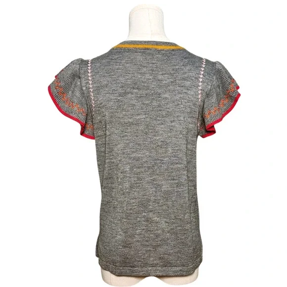 THML Gray Embroidered Ruffle Short Sleeve Wool Blend Sweater Small - Picture 5 of 7